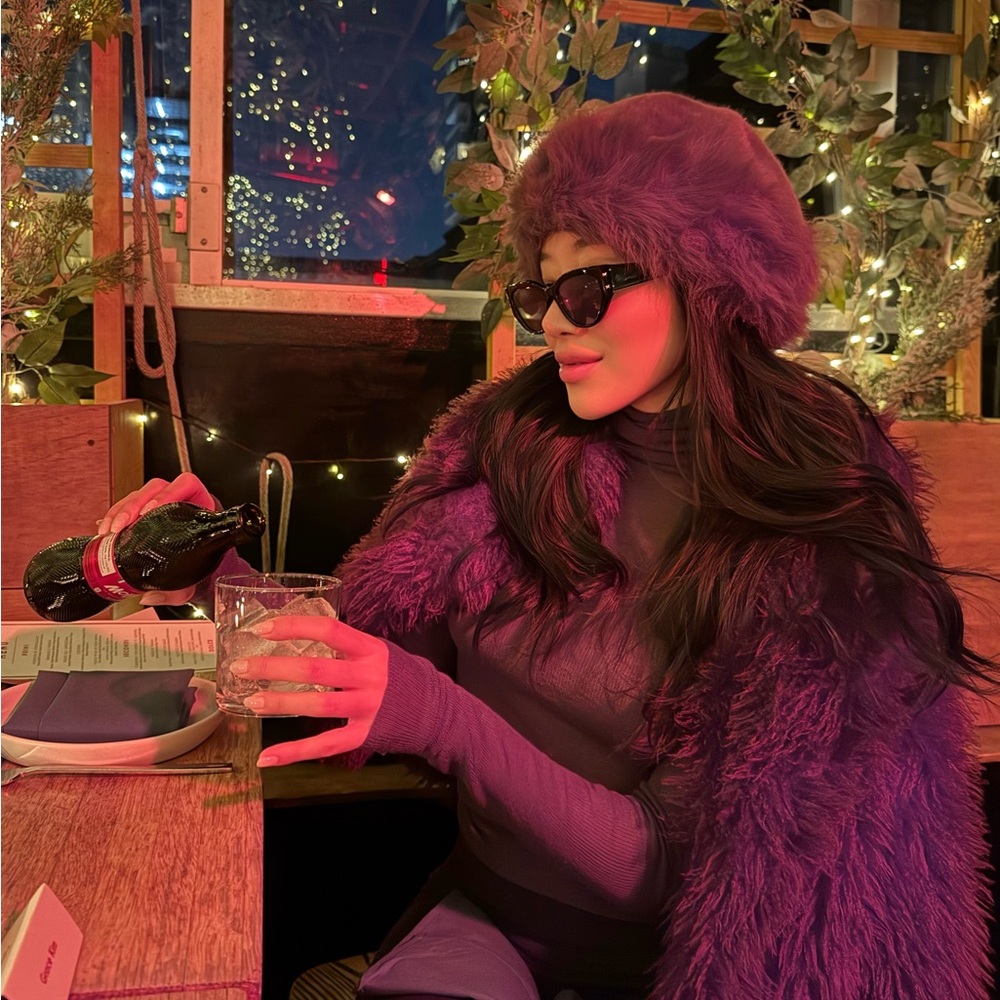 Commense Fuzzy Faux Fur coat. Burgundy